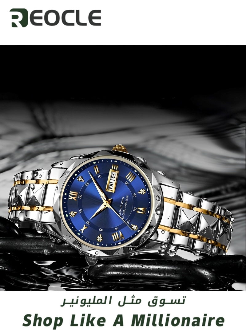 REOCLE Men's Quartz Watch Business Dress Analog Wrist Watch  with Diamond Dial & Stainless Steel Strap & Luminous Pointer & Date & Daily Waterproof - Image 2