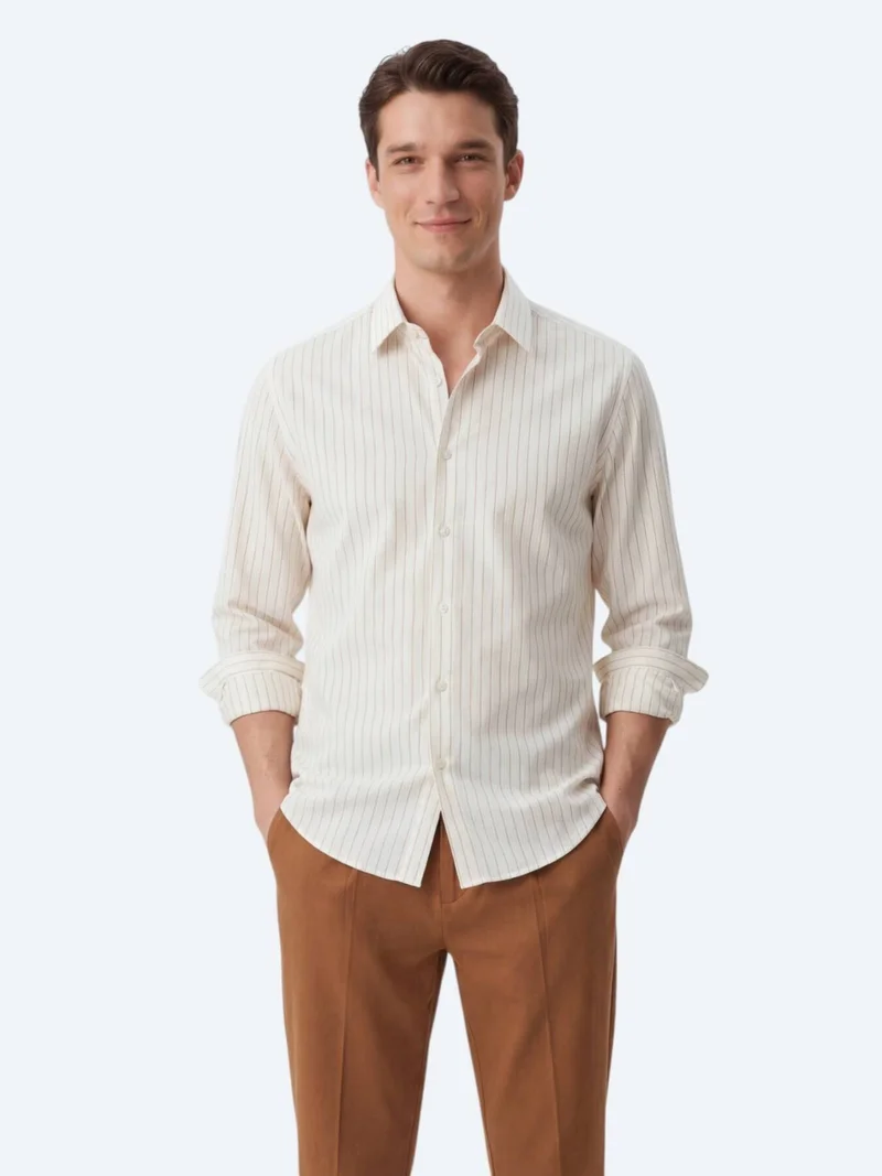 Kip Saffron Striped Regular Fit Long Weaving Casual Shirt