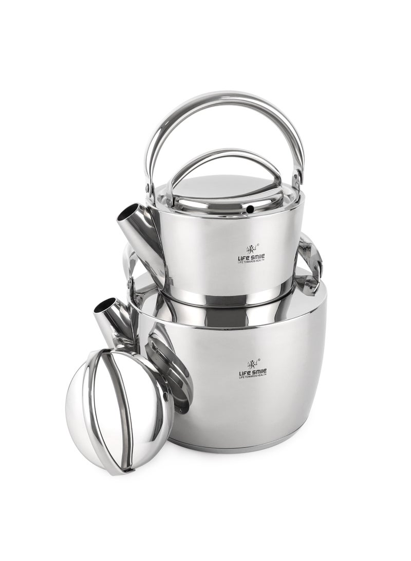 Life Smile طقم غلاية الشاي من لايف سمايل من الفولاذ المقاوم للصدأ – قاعدة تحريض، مقبض بارد، غطاء من الفولاذ المقاوم للصدأ، مقاوم للصدأ، تسخين سريع – 1 لتر + 2.5 لتر إبريق شاي مزدوج لتحضير الشاي والقهوة - Image 1