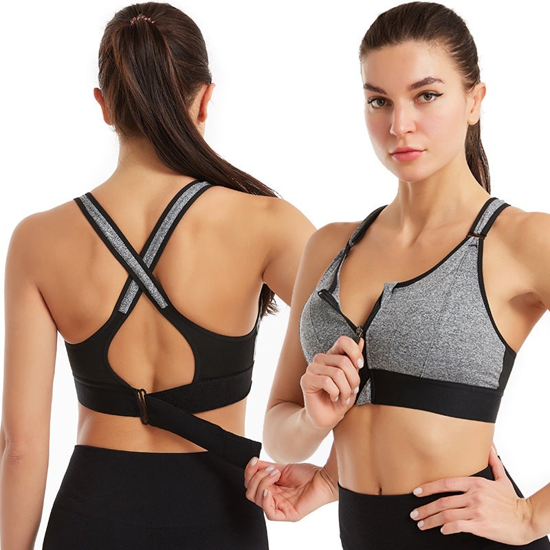 Front Zipper Sports Bra, Shockproof, Quick-Dry, Cross Back, Wirefree - Image 1