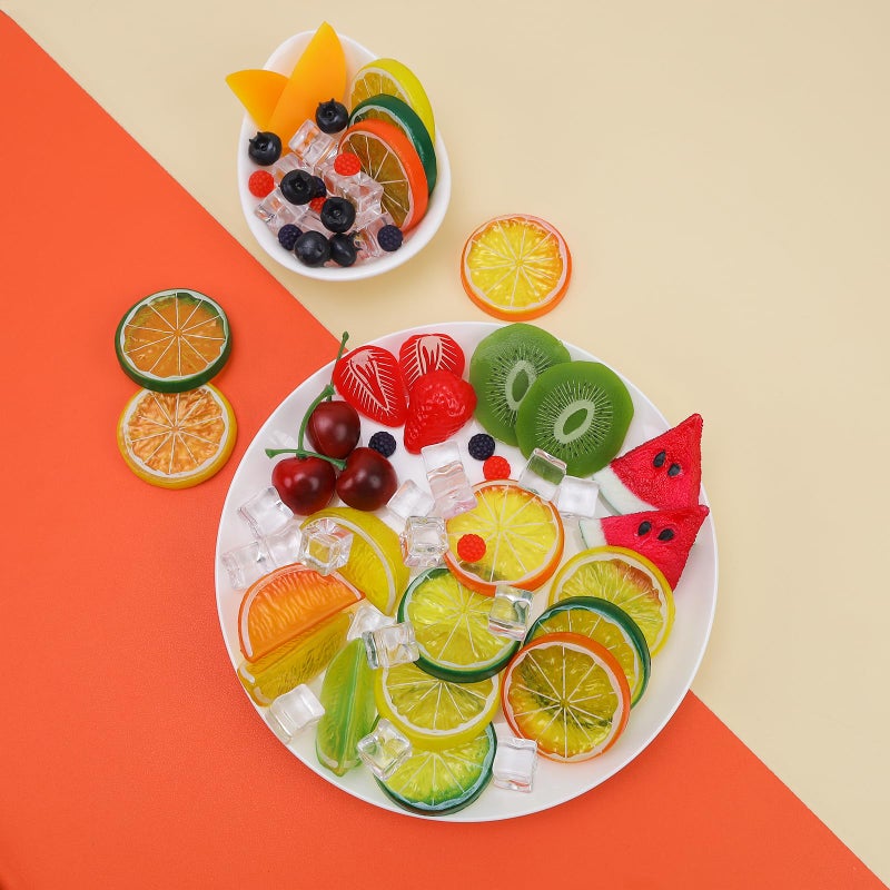 Gresorth 160pcs Artificial Kiwi Slice Yellow Peach Lemon Decoration Fake Watermelon Strawberry Block Realistic Raspberry Blueberry Cherry Ice Cube Display - Image 4
