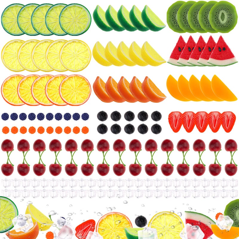 Gresorth 160pcs Artificial Kiwi Slice Yellow Peach Lemon Decoration Fake Watermelon Strawberry Block Realistic Raspberry Blueberry Cherry Ice Cube Display - Image 1