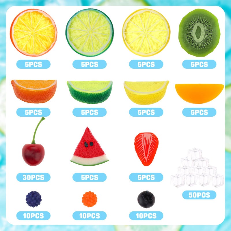 Gresorth 160pcs Artificial Kiwi Slice Yellow Peach Lemon Decoration Fake Watermelon Strawberry Block Realistic Raspberry Blueberry Cherry Ice Cube Display - Image 3