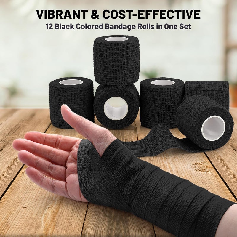 MEDca SelfAdherent Cohesive Bandage  12 Pack Bulk  Black SelfAdhering Medical Wrap  2 Wide x 5 Yards Athletic Sports Tape Sweat  Water Resistant First Aid - Image 3
