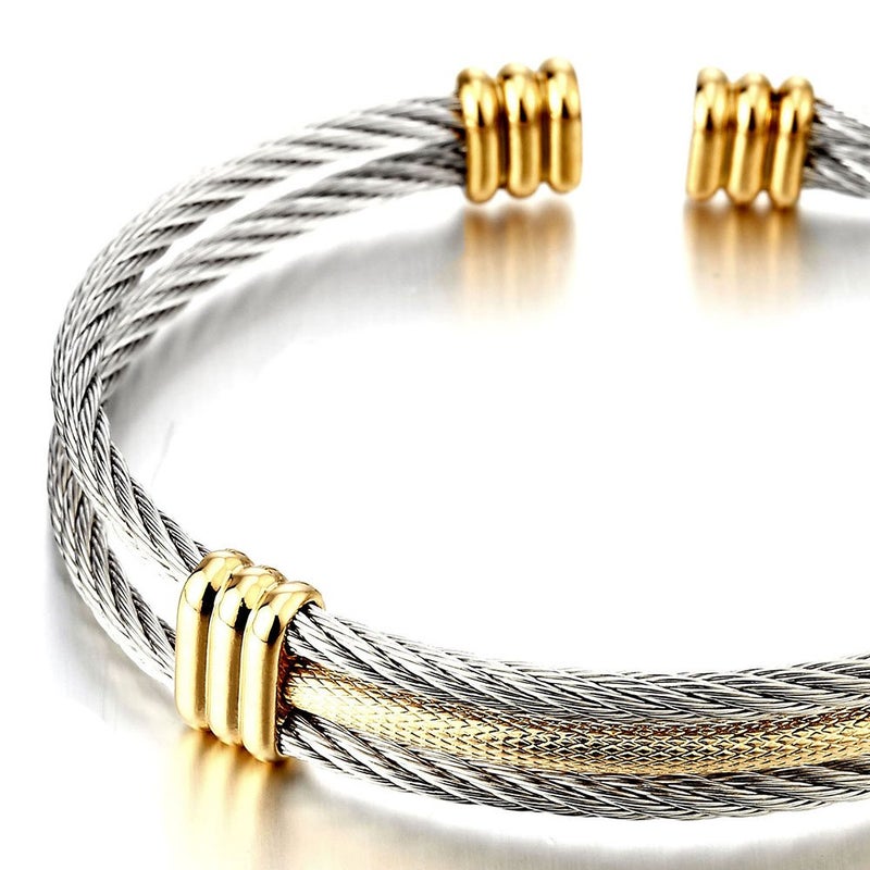 COOLSTEELANDBEYOND Men Women Stainless Steel Twisted Cable Adjustable Cuff Bangle Bracelet Gold Silver Two-tone - Image 4