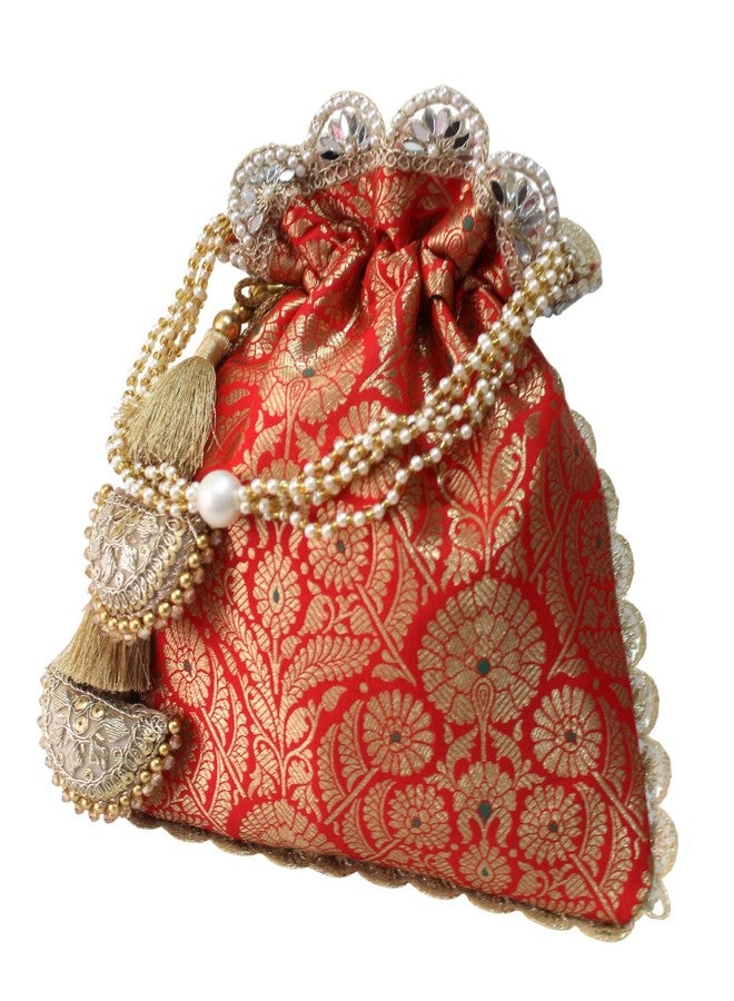 MILAN'S CREATION Pure Banarasi Potli Silk Brocade Bag Purse Drawstring Women's handbag with Pearl Handle & Tassel Weddings (Red) - Image 3