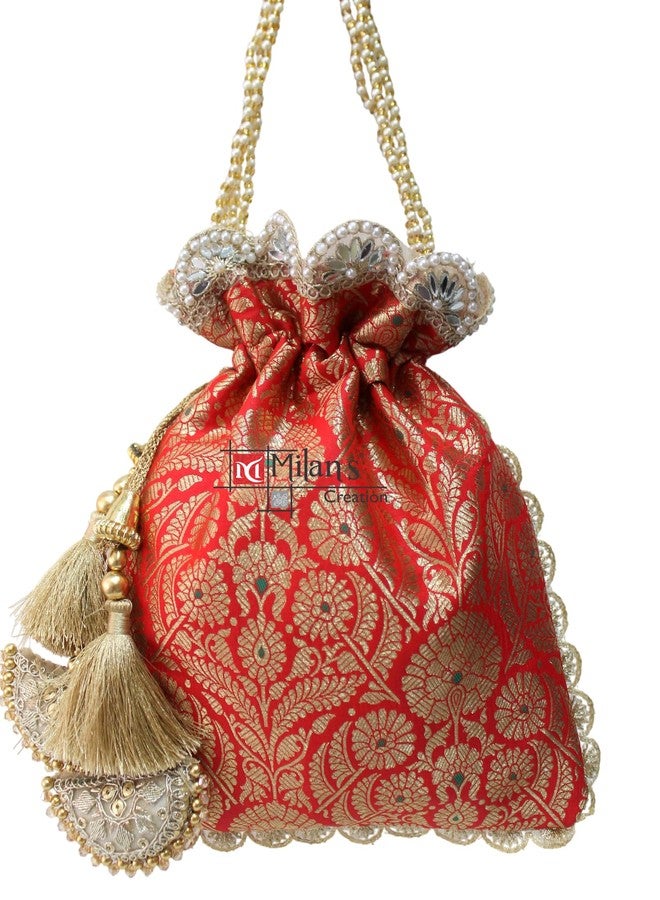 MILAN'S CREATION Pure Banarasi Potli Silk Brocade Bag Purse Drawstring Women's handbag with Pearl Handle & Tassel Weddings (Red) - Image 2