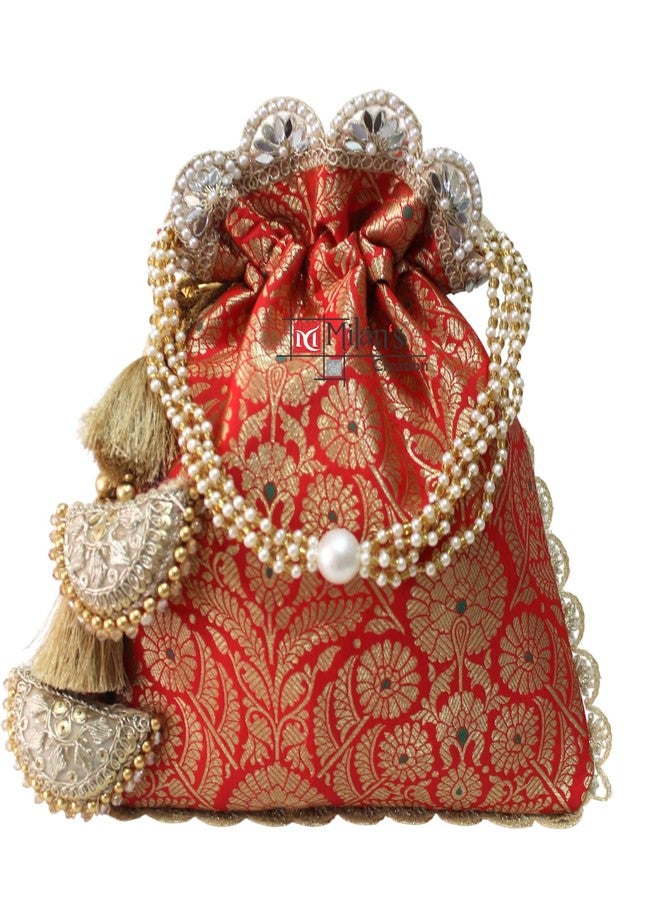 MILAN'S CREATION Pure Banarasi Potli Silk Brocade Bag Purse Drawstring Women's handbag with Pearl Handle & Tassel Weddings (Red) - Image 1
