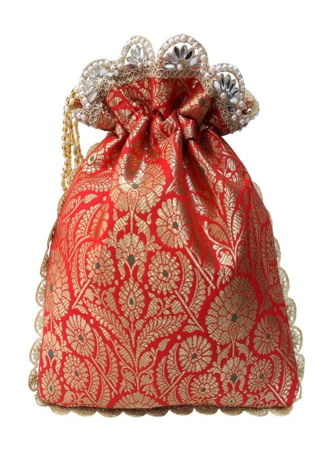 MILAN'S CREATION Pure Banarasi Potli Silk Brocade Bag Purse Drawstring Women's handbag with Pearl Handle & Tassel Weddings (Red) - Image 4