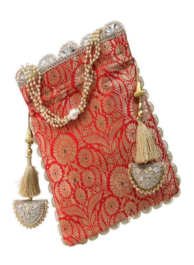 MILAN'S CREATION Pure Banarasi Potli Silk Brocade Bag Purse Drawstring Women's handbag with Pearl Handle & Tassel Weddings (Red) - Image 5