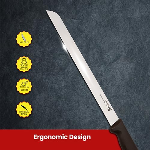HS WORLD OF HORECA ESSENTIALS HS 12 Inch Professional Bread Kitchen Knife Slim for Slicing Cakes, Bread and Pastries, Stainless Steel SUS420J2, Japanese Grade Kitchen Knife, Brown - Image 3