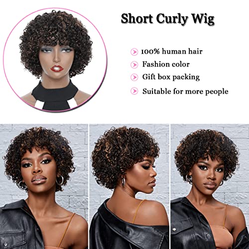 Molefi Short Curly Wigs for Black Women Brazilian Virgin Human Hair Wigs for Middle Aged Black Women Black Mix Medium Brown Highlight Color 150 Density Regular Wig Machine Made Glueless Wig No Lace Wig - Image 5