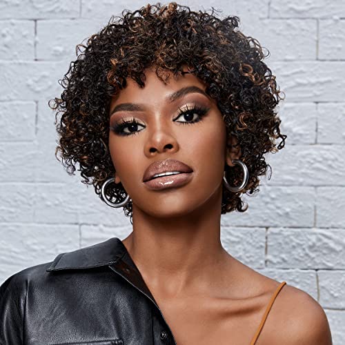 Molefi Short Curly Wigs for Black Women Brazilian Virgin Human Hair Wigs for Middle Aged Black Women Black Mix Medium Brown Highlight Color 150 Density Regular Wig Machine Made Glueless Wig No Lace Wig - Image 2