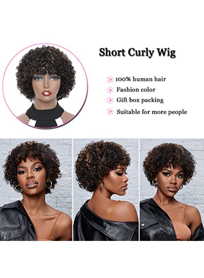Molefi Short Curly Wigs for Black Women Brazilian Virgin Human Hair Wigs for Middle Aged Black Women Black Mix Medium Brown Highlight Color 150 Density Regular Wig Machine Made Glueless Wig No Lace Wig - Image 4