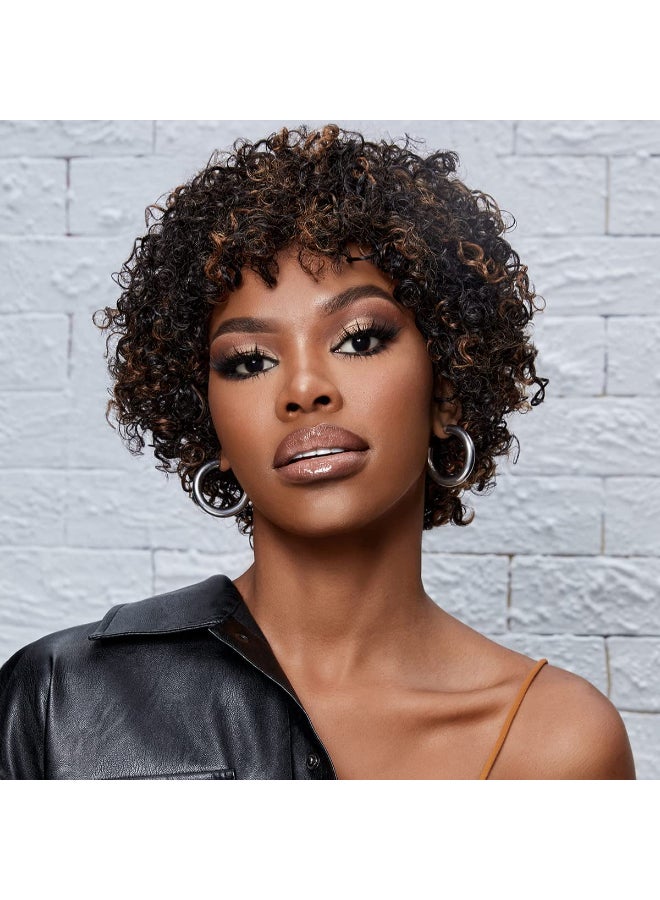Molefi Short Curly Wigs for Black Women Brazilian Virgin Human Hair Wigs for Middle Aged Black Women Black Mix Medium Brown Highlight Color 150 Density Regular Wig Machine Made Glueless Wig No Lace Wig - Image 3