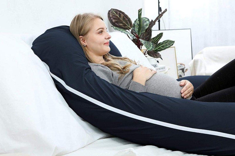 Linenovation U Shaped Pregnancy Pillow/Body Pillow/Lumbar Pillow/Maternity Pillow Extra Curve with Cotton Zippered Cover-Dark Blue - Image 2