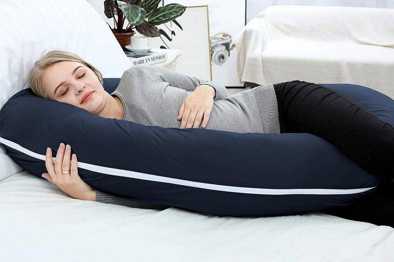 Linenovation U Shaped Pregnancy Pillow/Body Pillow/Lumbar Pillow/Maternity Pillow Extra Curve with Cotton Zippered Cover-Dark Blue - Image 5