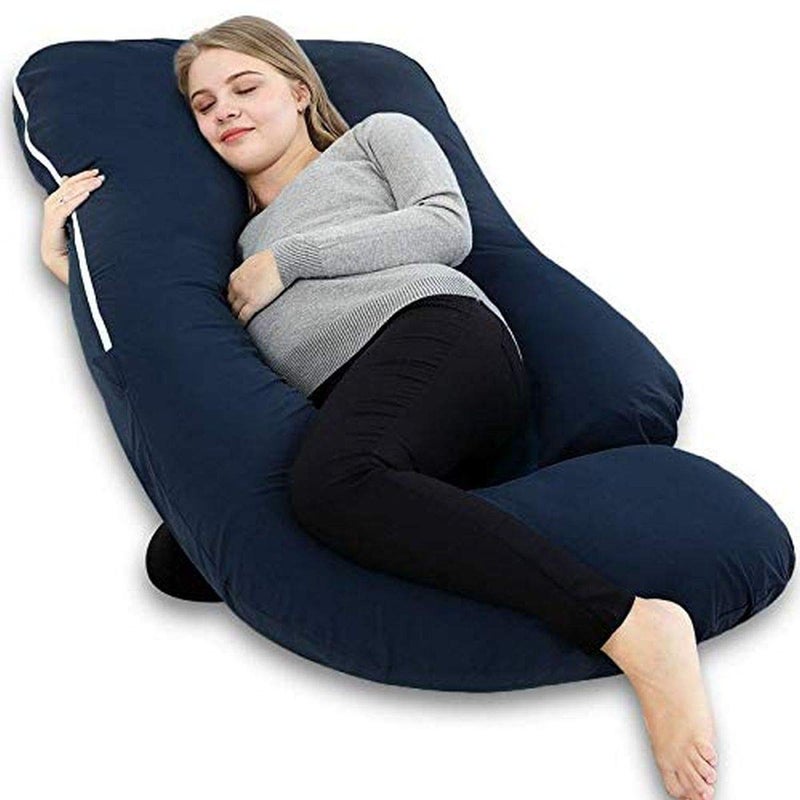 Linenovation U Shaped Pregnancy Pillow/Body Pillow/Lumbar Pillow/Maternity Pillow Extra Curve with Cotton Zippered Cover-Dark Blue - Image 1