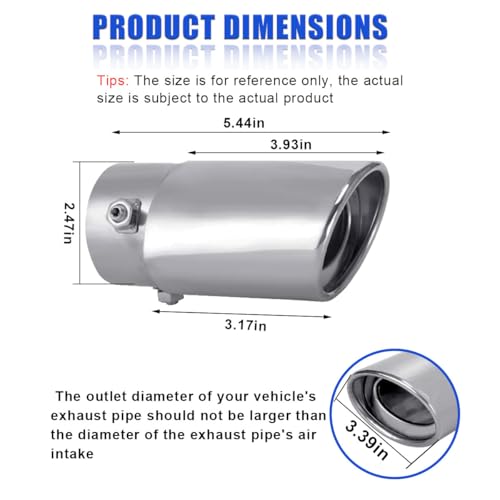 DUSCOKE Stainless Steel Car Exhaust Tip, 2.5" Inlet 3.4" Outlet Chrome Tail Throat Pipe Exhaust Muffler Pipe Tip Fit 1.5"- 2.25" Diameter Pipes, Exhaust Tailpipe Car Modification Accessory (Straight) - Image 2