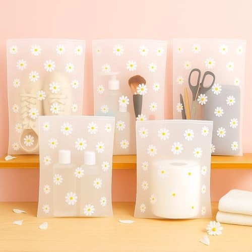 PulGos Pack of 5 Multipurpose Storage Bags – Frosted Semi-Transparent Travel Pouches with Daisy Print | Reusable Zip Bags for Toiletries, Makeup, Shoes & Gifting | Travel Packing Cubes - Image 1