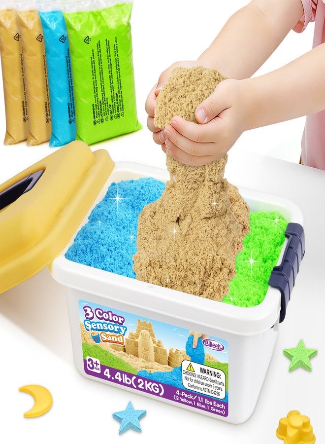 Billeeit 4.4 lbs Play Sand w/Storage Sandbox, 4-Pack(2 Yellow, 1 Blue, 1 Green) Sensory Bin Refill Sand for Shaping, Molding, Pressing, Scooping, Rolling, Self-Sticking Sand Sensory Toy for Kids 3+ - Image 1