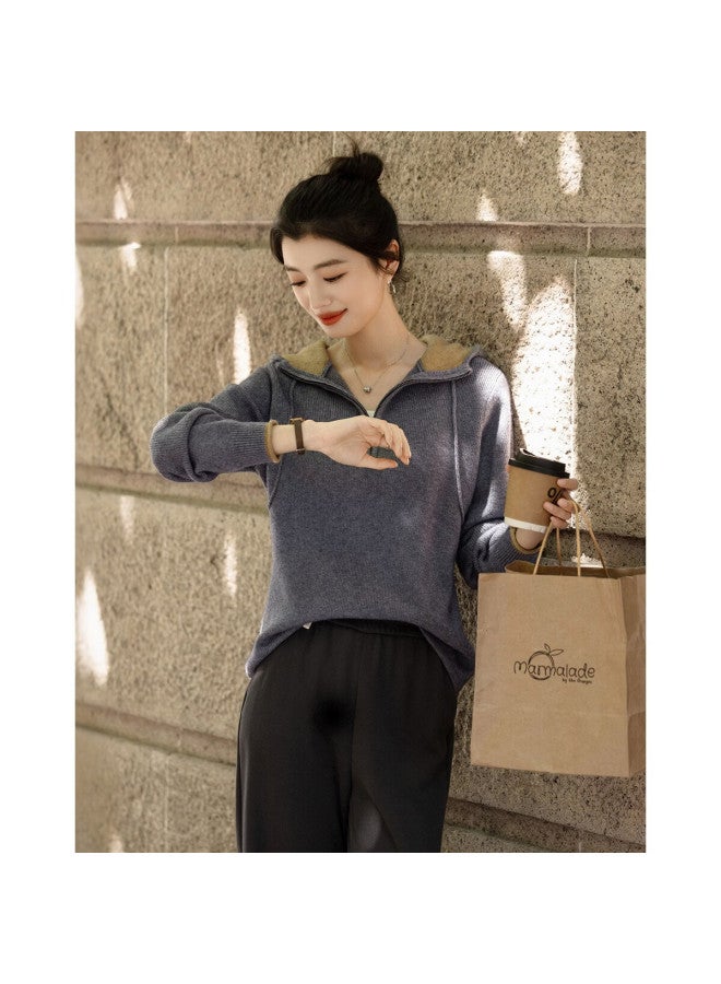 dme Demana [elegant Gray Morning Mist] Winter Hooded Half-zip Colorblock Knit Sweater Women's Top - Image 3