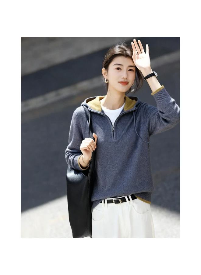 dme Demana [elegant Gray Morning Mist] Winter Hooded Half-zip Colorblock Knit Sweater Women's Top - Image 1