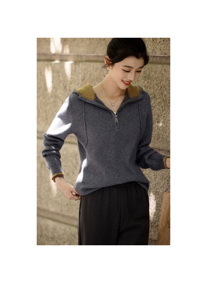 dme Demana [elegant Gray Morning Mist] Winter Hooded Half-zip Colorblock Knit Sweater Women's Top - Image 2
