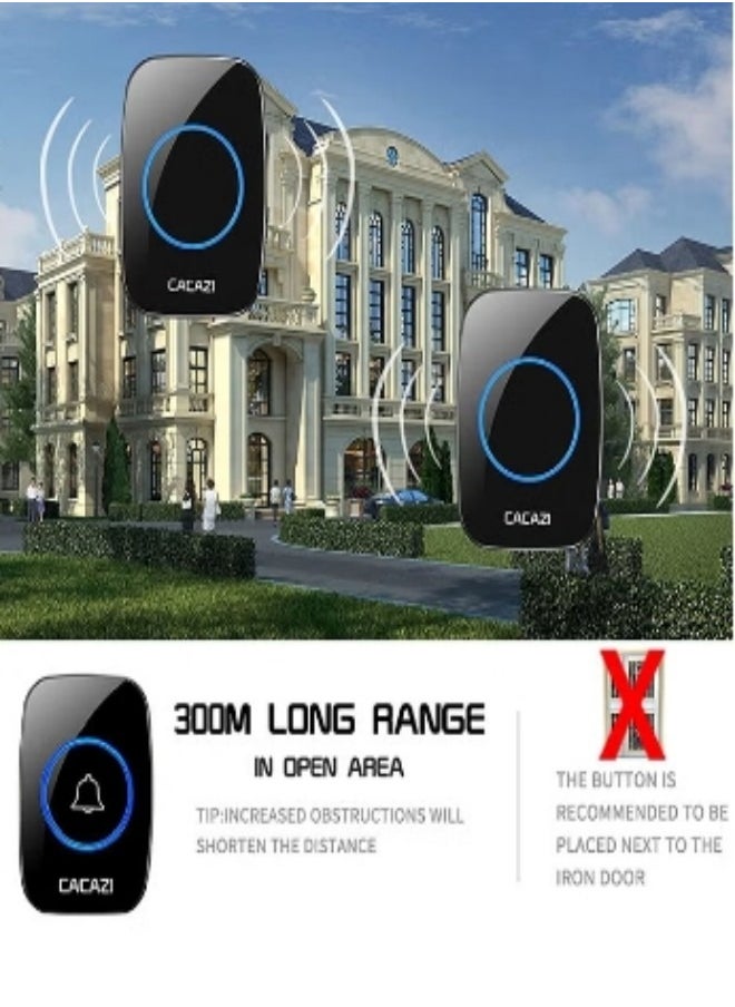 CACAZI Waterproof Wireless Doorbell with LED Flash, Over 1000 Feet Range, 60 Sounds and 5 Levels of Volume, Cordless Doorbell for Home, Office, Apartment, Hotel, Warehouse and Anti-Theft Black  - Image 4