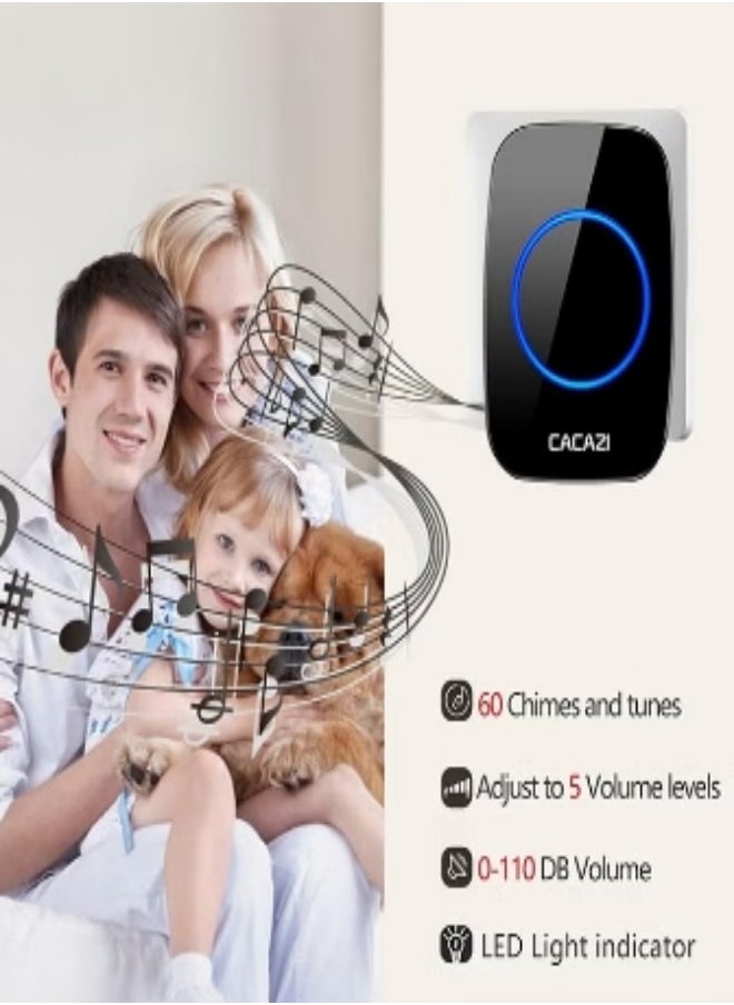 CACAZI Waterproof Wireless Doorbell with LED Flash, Over 1000 Feet Range, 60 Sounds and 5 Levels of Volume, Cordless Doorbell for Home, Office, Apartment, Hotel, Warehouse and Anti-Theft Black  - Image 3
