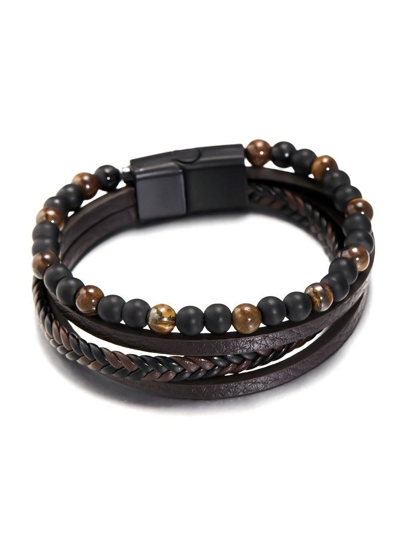 Natural Stone Multi-layered Leather Bracelet, Fashionable and Simple, Easy to Wear, Tiger Eye Stone, Obsidian, Perfect for Men - Image 1