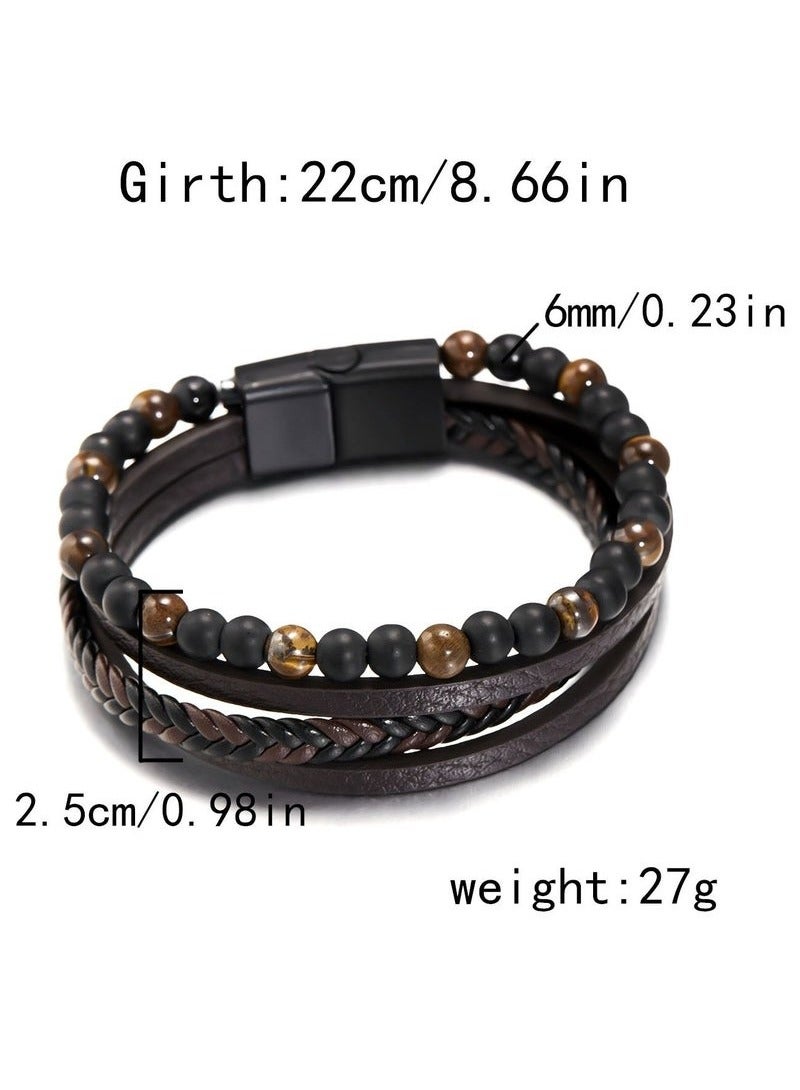 Natural Stone Multi-layered Leather Bracelet, Fashionable and Simple, Easy to Wear, Tiger Eye Stone, Obsidian, Perfect for Men - Image 2