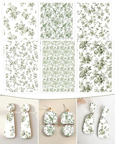 Puocaon Green Flower Clay Transfer Paper - 18 Pcs Chinoiserie Flower Art Design Transfer Sheets for Polymer Clay Brown Floral Earrings Design Jewelry Making - Image 1