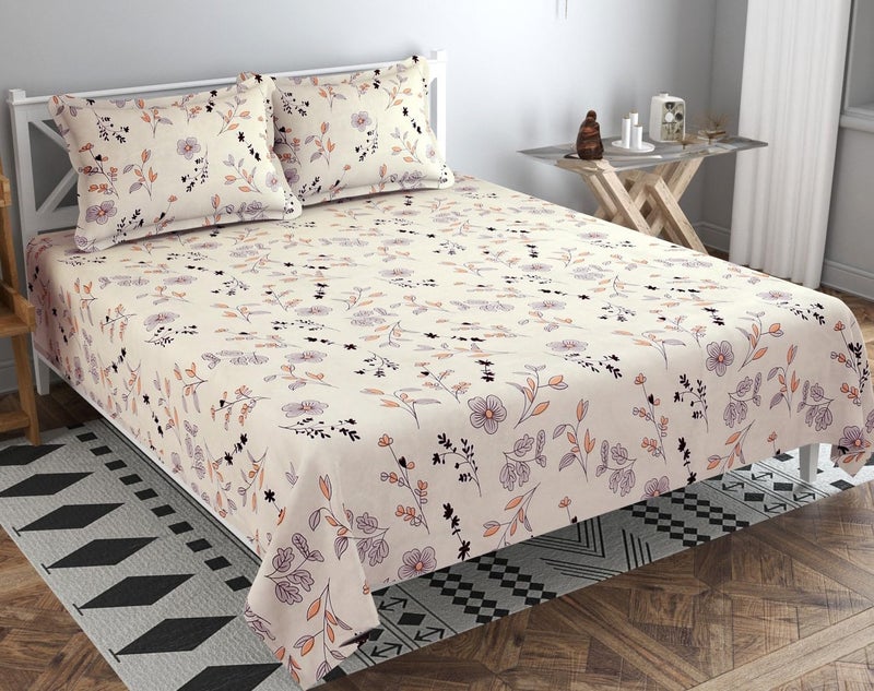 BSB Home 100% Cotton 160 TC Small Flower Printed Double Bedsheets with 2 King Size Pillow Cover, (90X90 Inches, 7 x 7.5 Feet, Off White & Brown) - Image 1