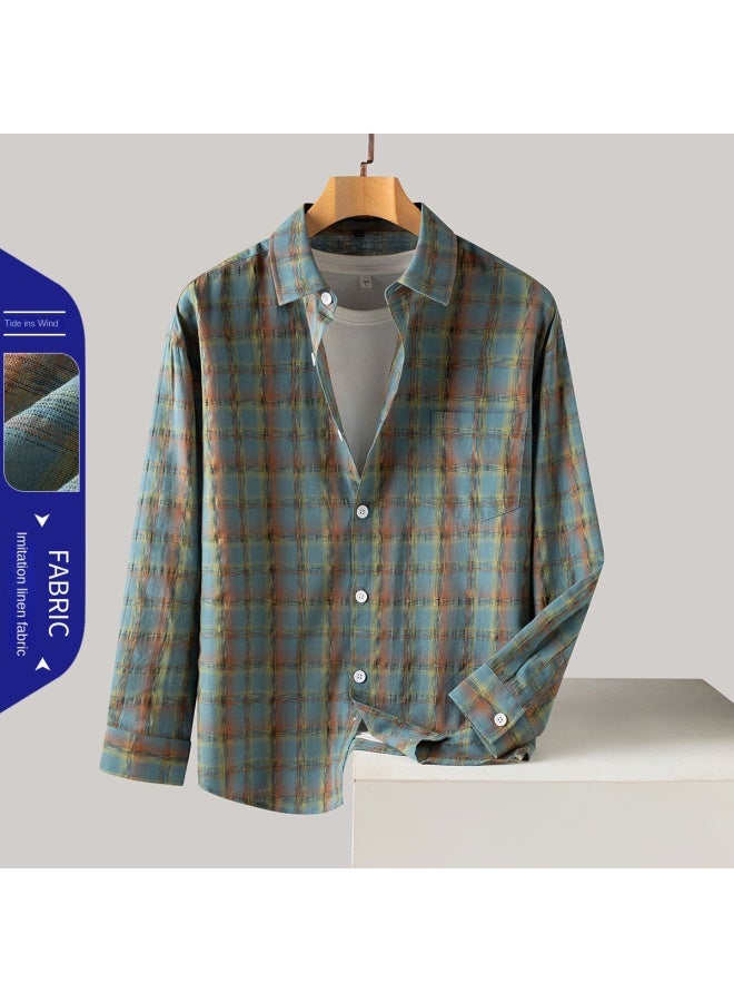 ROMON Hot Selling】linen-style Gradient Plaid Shirt For Men, Long Sleeve Men's Shirt, Men's Casual Shirt - Image 2