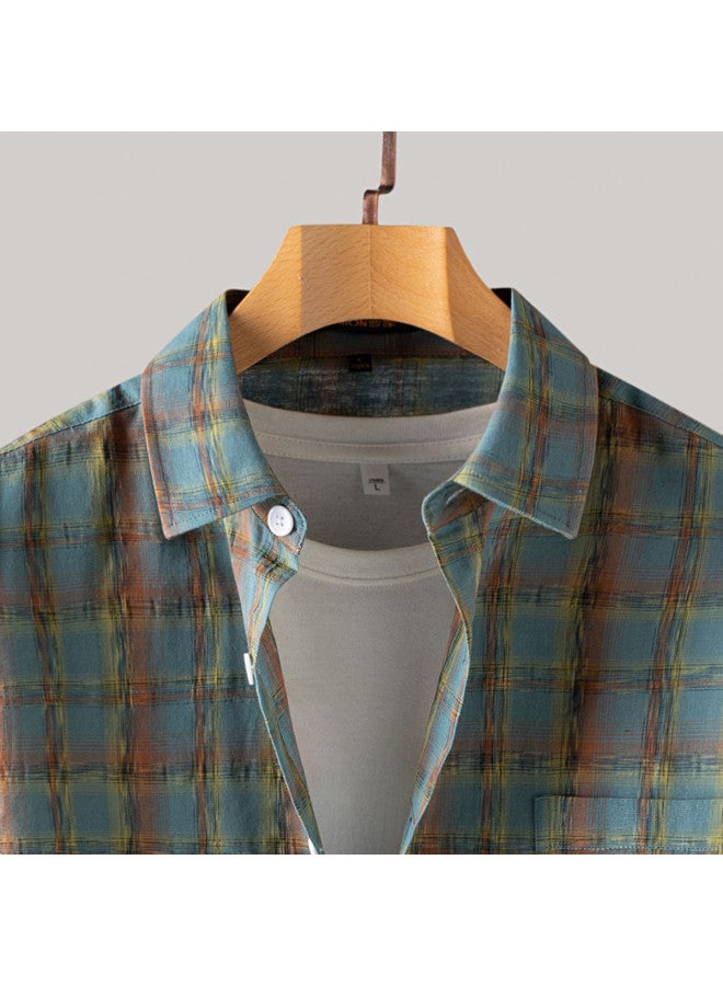 ROMON Hot Selling】linen-style Gradient Plaid Shirt For Men, Long Sleeve Men's Shirt, Men's Casual Shirt - Image 5