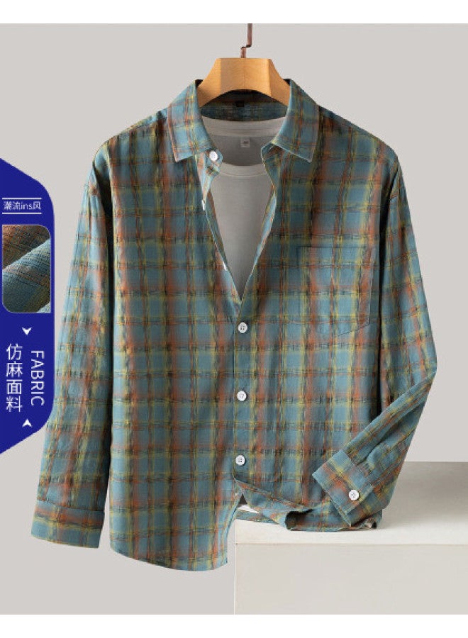 ROMON Hot Selling】linen-style Gradient Plaid Shirt For Men, Long Sleeve Men's Shirt, Men's Casual Shirt - Image 1