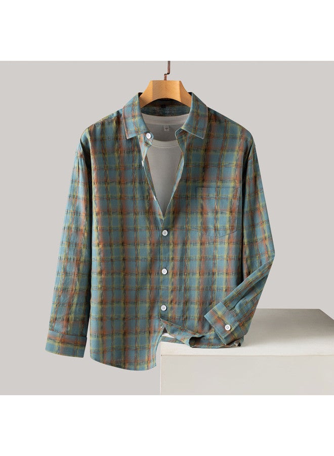 ROMON Hot Selling】linen-style Gradient Plaid Shirt For Men, Long Sleeve Men's Shirt, Men's Casual Shirt - Image 3