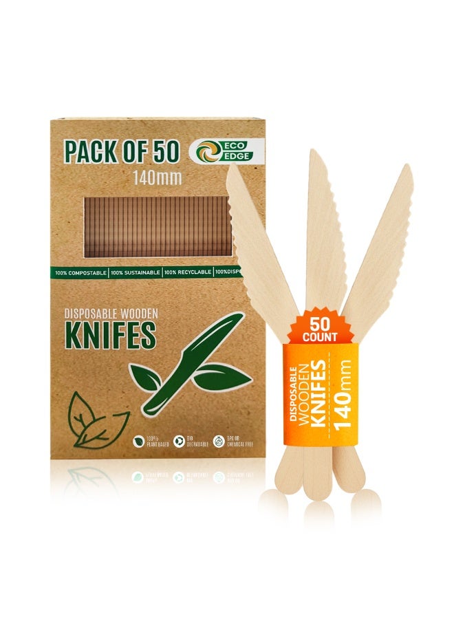 EcoEdge Planet Friendly Wooden Heavy-Duty Knife (50 Pack) 140 MM | Stylish, Natural, Sustainable, Recyclable, Plastic and BPA Free | For Birthday Party, Events, Picnic and Takeout | 100% Compostable - Image 1