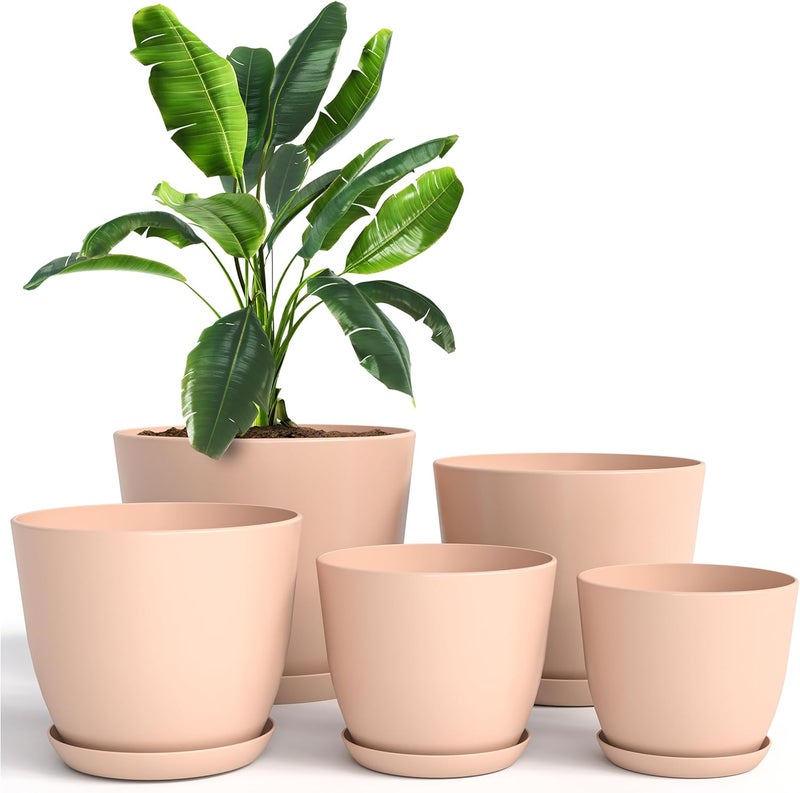 Utopia Home Pack of 5 Flower Pots 18/17/15/13/12 cm Planter with Saucer for Kitchen, Balcony Flower Pots with Saucer, Garden Plants, Nursery Flower Pot for Indoor Plants, Pink - Image 1