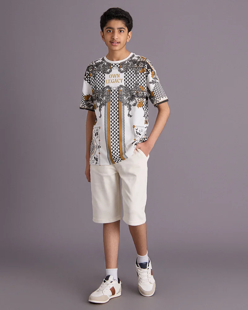 Redtag Senior Boys White Printed Over Size T-Shirt