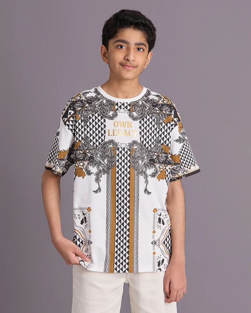 Redtag Senior Boys White Printed Over Size T-Shirt