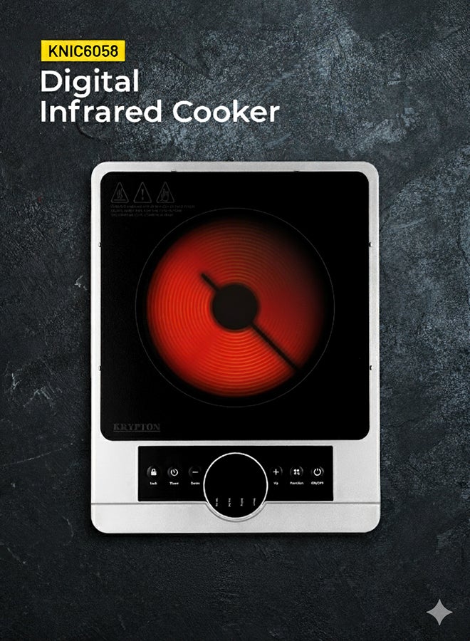 Digital Infrared Electric Cooker with High Power, 10 Heat Levels, Crystal Glass Top, Timer Function & Overheat Protection – Suitable for All Cookware 2200 W KNIC6058N Black and Silver