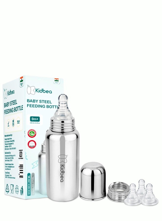 Kidbea® Stainless Steel Infant Baby Feeding Bottle, BPA Free, Anti-Colic, Medium-Flow X 3 Nipple, 250 ML - Image 1