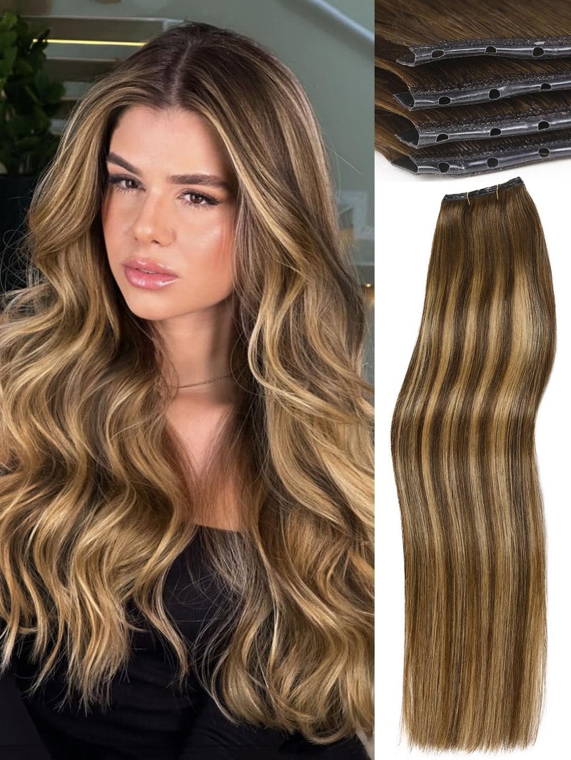 WIGNEE OVO Butterfly Invisible Weft Hair Extensions Human Hair Glueless 18 Inch 100% Real Remy Human Hair Extensions T4/27 Highlight Honey Blonde Hair Extensions Real Human Hair for Strong Volume - Image 1