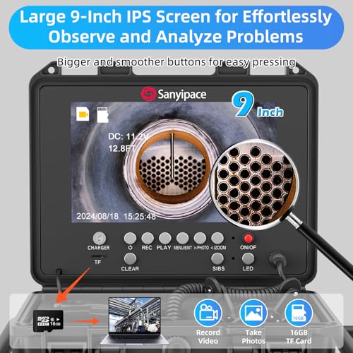 Sanyipace Drain Camera 100FT/30M, 23mm/0.9in FHD Sewer Inspection Camera, 5X Zoom, Distance Counter, 9" IPS Screen, DVR & Voice Recorder, 16GB Card, for Sewer Line, Pipe, Duct, Plumbing, Plumber, Home - Image 4