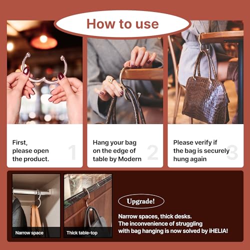 iHELIA Purse Hook Hanger for Table (Signature) - Premium Bag Holder w/ 90, 180 Degree Rotatable Function Design (Silver) - Image 3