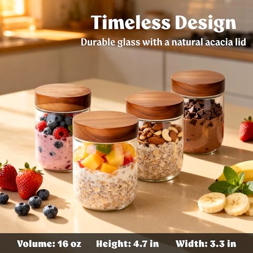 EDELHAUS Overnight Oats Containers with Lids Acacia 4 x 16oz Glass Jars for Oatmeal Meal Prep Food Storage LeakProof Mason Jars for Oats Cereal Yogurt Chia Pudding Thicker Glass 3mm - Image 3
