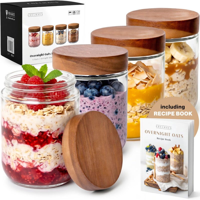 EDELHAUS Overnight Oats Containers with Lids Acacia 4 x 16oz Glass Jars for Oatmeal Meal Prep Food Storage LeakProof Mason Jars for Oats Cereal Yogurt Chia Pudding Thicker Glass 3mm - Image 2