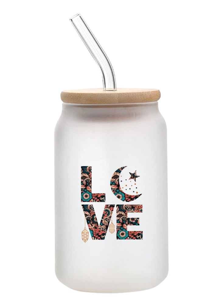 PRINTSHOP4ME Ramadan Kareem and Eid Mubarak Gift - Glass Bottle with Straw & Bamboo Lid 455 ml - Ramadan gift for all Islamic  - Image 1